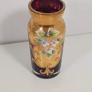 CZECH BOHEMIAN HERITAGE GOLD HIGH ENAMEL RUBY RED CRYSTAL GLASS VASE 3.5” Tall by Heritage – Collectibles:Decorative Collectibles:Vases