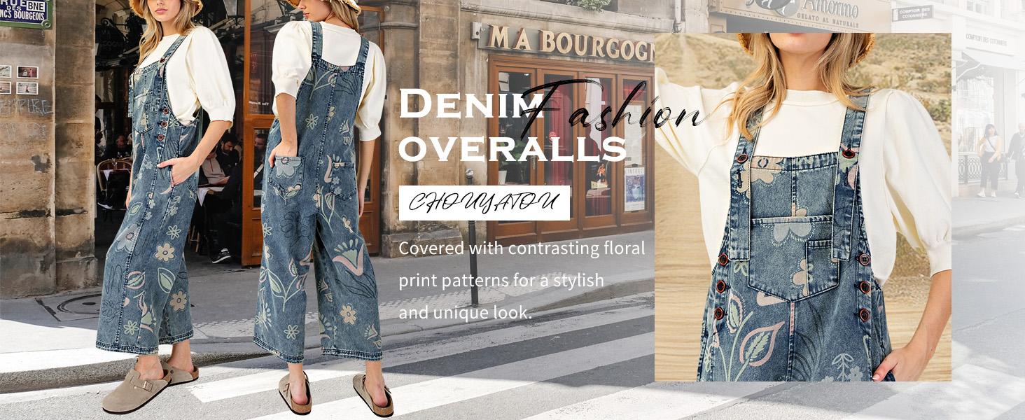 Chouyatou Women's Y2K Casual Denim Jumpsuits Baggy Floral Printed Distressed Wide Leg Bib Overalls