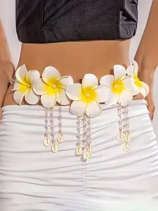 1pc Fashionable INS Style Polystyrene Faux Chain Acrylic Tassel Waist Belt with Large Flower Design, Perfect for Women's Dance Parties and Wedding Season Gifts