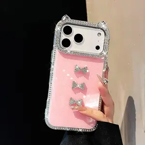 Stylish Aesthetic Cat Ear Phone Case with Rhinestones & Bowknot, For iPhone 17/16/15/14/13 Pro Max, Fashionable Sparkling Protective Cover for Girls & Women