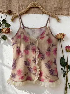 Colorful Print Delicate Thin Summer New Strapless Mesh Patchwork Chic Versatile Front Button Small Cardigan Vest