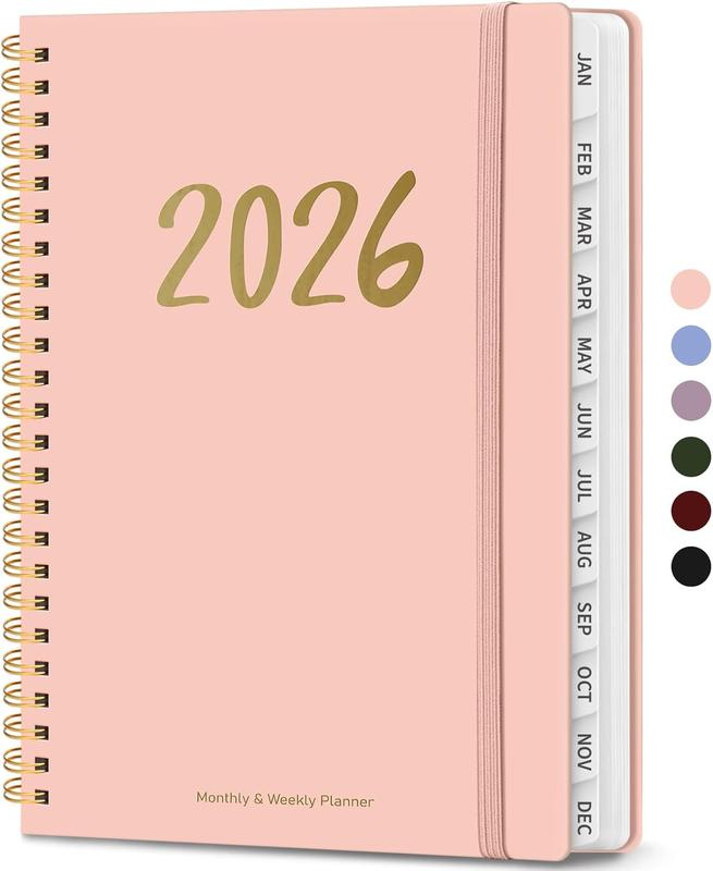 2026 Planner, Weekly and Monthly Planner for Women, January 2026 - December 2026, Hardcover 2026 Calendar Planner Book with Tabs, Inner Pocket, Spiral Bound, Perfect for Office Home School Supplies - A5 (6.3" x 8.5"), Pink