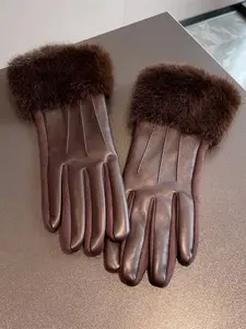 Women's Fashion Leather Gloves, Thin Velvet Patchwork Winter Thickened Riding Gloves, Warm and Versatile Handwear for Cold Weather, Fluffy