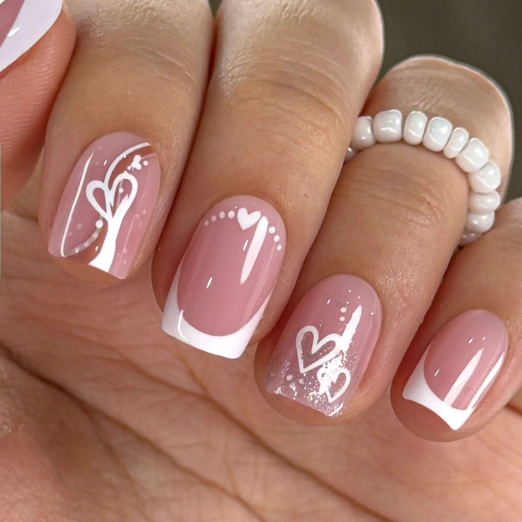 Curvlife short squoval heart Nail Art Press On Nails glitter pink glossy shiny for valentines day 2 Week Wear