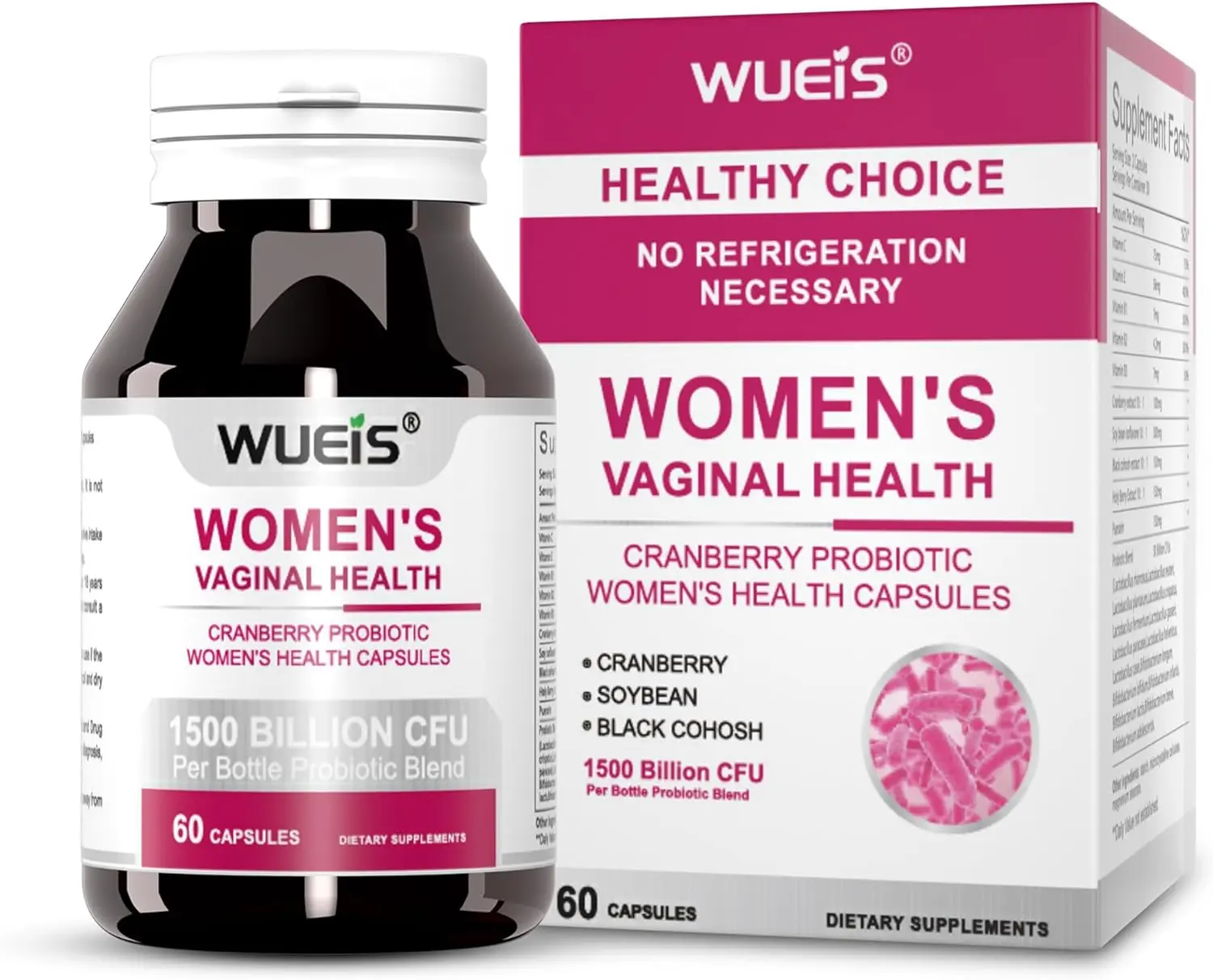 WUEIS 50 Billion CFU Probiotic Blend with 15 Strains, Vitamin C, E, B1-3 & Cranberry Extract for Gut Health & Digestive Wellness - 60 Capsules Dietary Supplements