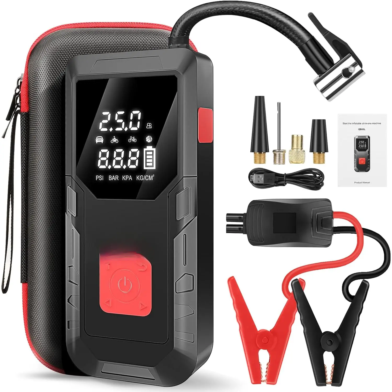 12 V  8000 mAh  Jump Starter 2800A with 150psI Air Compressor, Safe  Light and Practical Edition QB08L, Portable Jump Box and Charger for 6.0L Gas and 3.0L Diesel Engines.