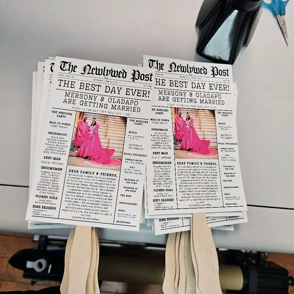 Wedding Program Fan - Decorative Paper Fan for Wedding Celebrations with "The Newlywed Post" Theme - Hand