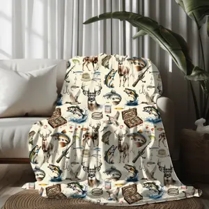 Cozy Vintage Hunting & Fishing Plush Fleece Blanket, Rustic Cabin Lodge & Woodland Pine Tree Design |   Featuring Camo American Flag, Bass Fish, Deer, Bear & Duck Patterns |   Ideal Gift For Hunters, Fishermen, Dad And Husband