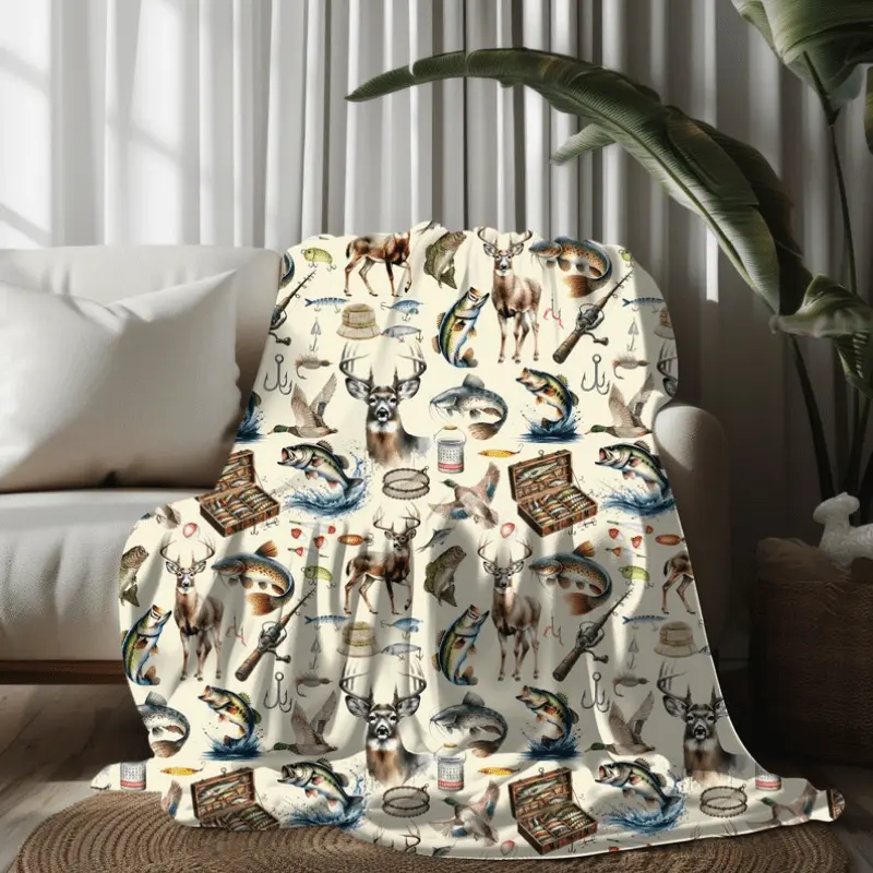 Cozy Vintage Fluffy Hunting-Fishing Plush Fleece Blanket - Rustic Cabin Lodge, Woodland Pine Tree, Camo Stars and Stripes, Bass Fish, Deer, Bear, Duck Patterns - Western America-Themed Bedding Throw, Ideal Gift for Hunters, Boyfriends, Gifts For Boyfriend