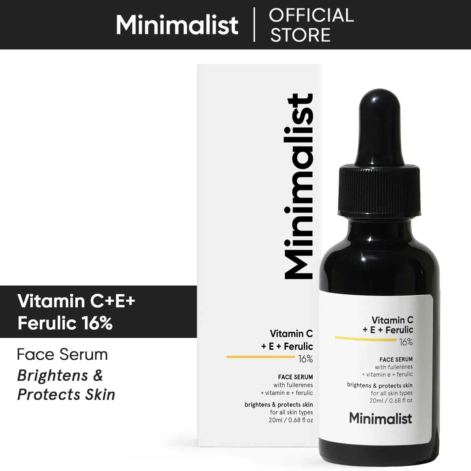 Minimalist Vitamin C+E+Ferulic Acid 16% Face Serum for Anti Aging & Glow | Reduces Skin Damage & Redness to Brighten Dull Complexion | For All Skin Types | For Women & Men | 0.68 Fl Oz / 20 ml