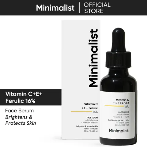 Minimalist Vitamin C+E+Ferulic Acid 16% Face Serum for Anti Aging & Glow | Reduces Skin Damage & Redness to Brighten Dull Complexion | For All Skin Types | For Women & Men | 0.68 Fl Oz / 20 ml