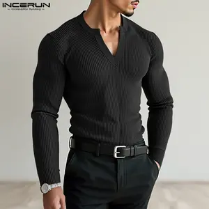 INCERUN Men's 2025 Fall Versatile Fashion Knitted Slim-Fit Long-Sleeve Sweater, Soft Comfortable Fabric, Ideal For Casual Wear Or Layering.