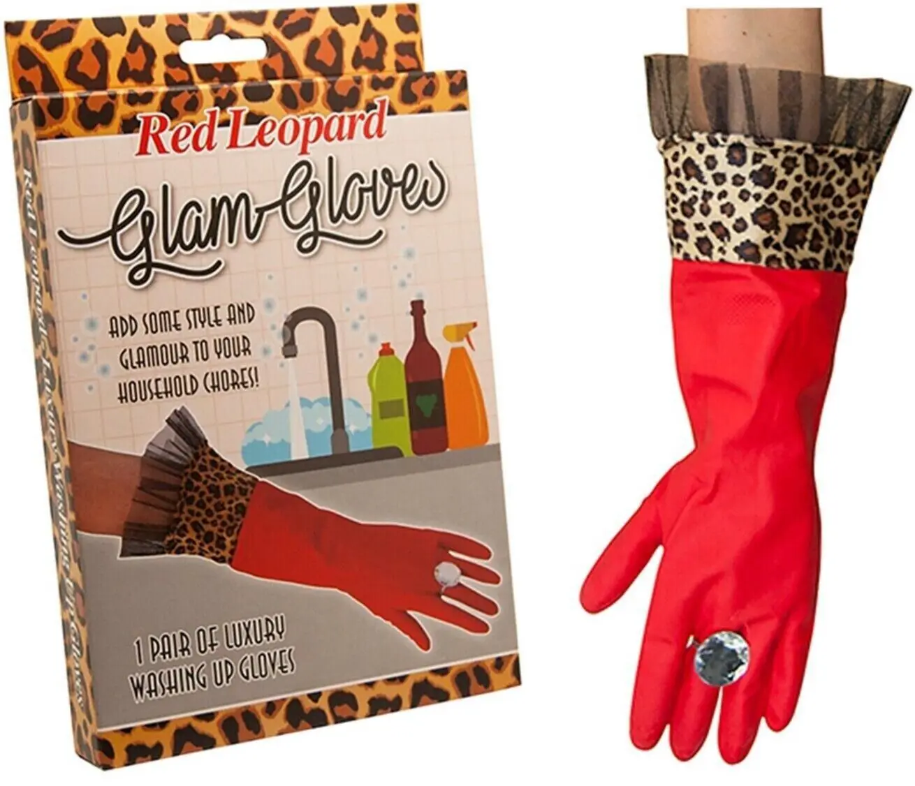 💅 Red Leopard Glam Gloves – With Giant Bling Ring