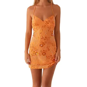 Women’s Summer Sequin Floral Embroidery Mini Vest Dress – Sleeveless, Cross-Back, Spaghetti Strap Casual Party Dress GARMENTARY