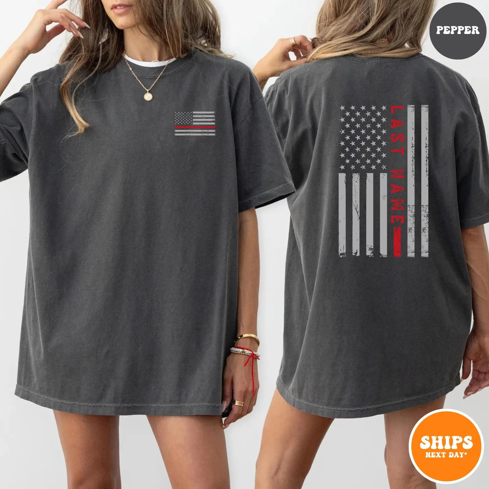 Custom Last Name Firefighter T-shirt, Gift For Firefighter Wife, Personalized Firefighter Shirt, Custom Fireman Gift, Red Line Flag Tee