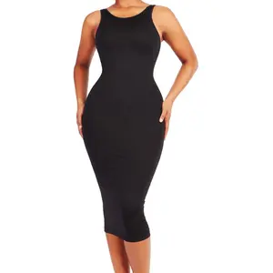 Soo Slick Tummy Control Midi Shapewear Dress, Waist-Snatching, Removable Padding, Reversible Neckline, Crewneck Sculpting, Sleeveless Sexy Compression