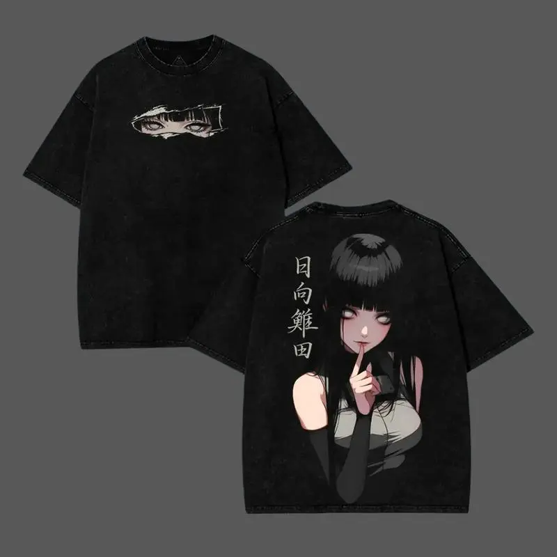 Menswear Oversized Naruto Hinata Comic Art T-Shirt - Unisex Otaku Style Apparel, 230gsm Heavyweight Washed Cotton Shortsleeve Round Neck Anime Streetwear Tee, Seamless