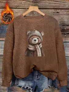 Warm Winter Cute Aesthetic Bear Print Faux Fur Round Neck Top Knitwear, Knitted Hat Decoration, Soft and Skin-Friendly, Casual Fitted Pullover for Fall & Winter
