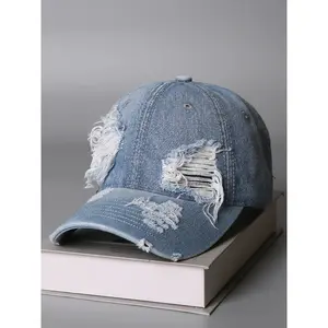 Unisex Vintage Washed Distressed Denim Baseball Cap Fashion Hole Design One Size Fits All Trendy Casual Headwear for Men and Women