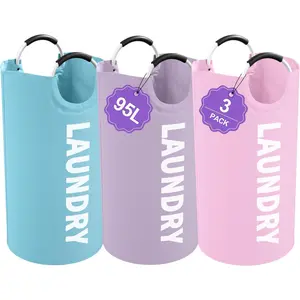 3PCS 95L Laundry Basket, Collapsible Clothes Hamper with Handle, 600D Cloth Laundry Bin, Stand-alone Dirty Clothes Hamper for Livingroom, Bedroom,, Pink+Blue+Purple
