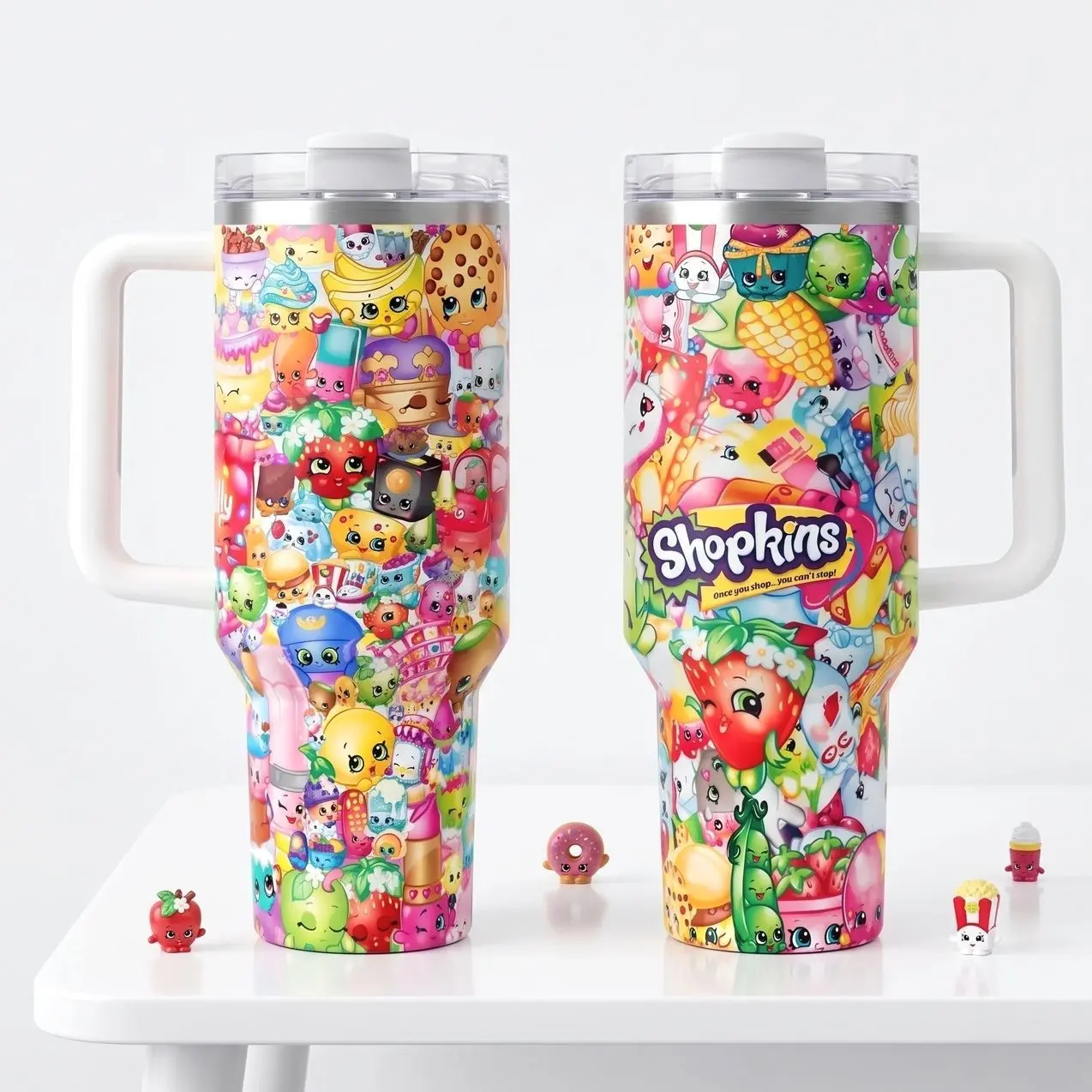 Cute Shopkins 40oz Stainless Steel Tumbler with Handle and Straw, Travel Mug Fits Car Cup Holder Cute Gift for Shopkins Fans