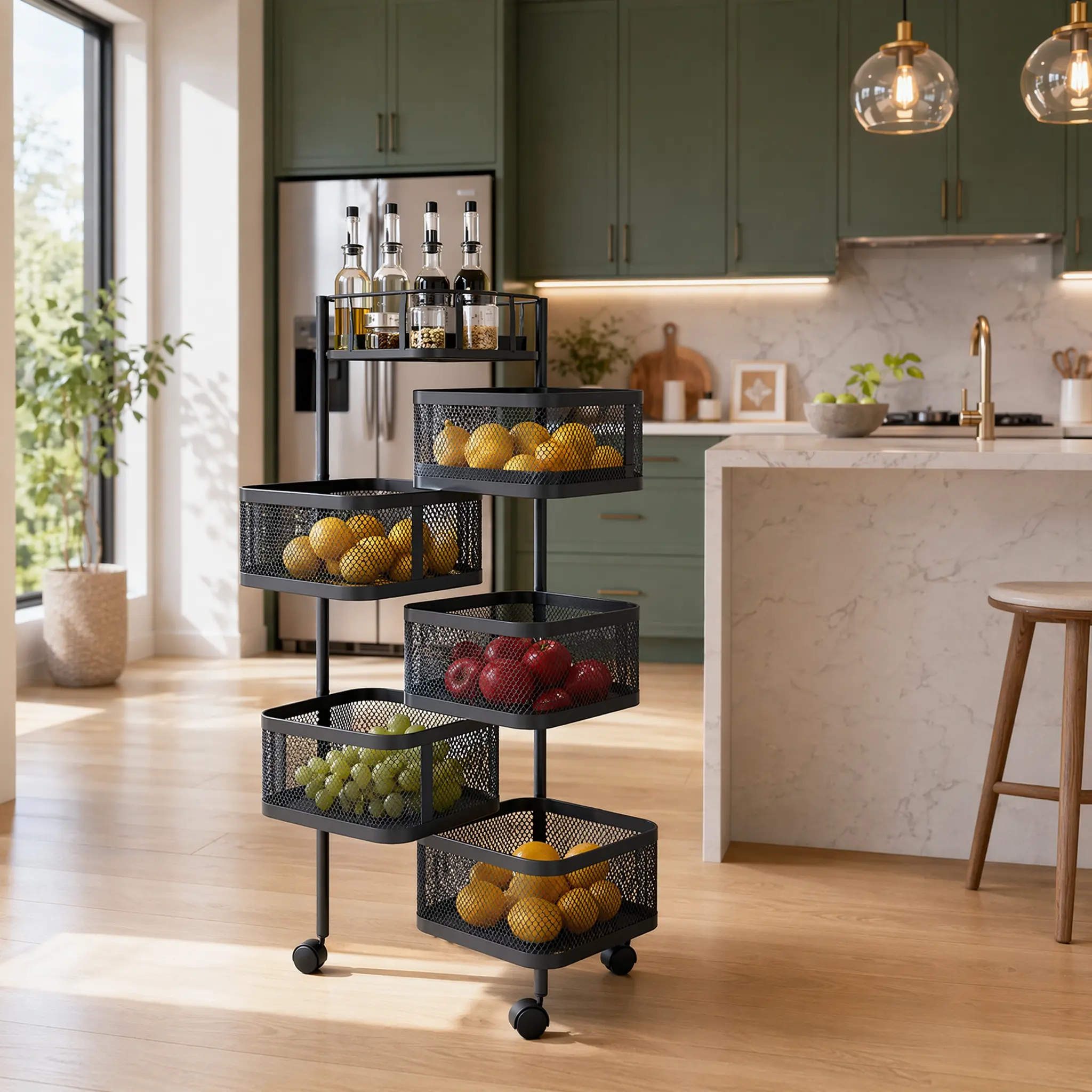 【SummerWins】GARVEE 5 Tier Rolling Utility Cart Organizer, Rotating Storage Rack, Rolling Snack Cart, Metal Rolling Carts with Wheels for Fruit Potato Onion Vegetable