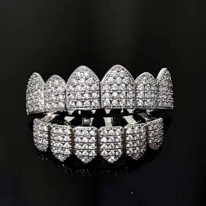 Zircon Sparkling Halloween Hip Hop Rapper 2 Pcs Set - Cubic Zirconia Golden Silvery Color Plated Tooth Grills for Men & Women - Jewellery Band Oral Retainers Orthodontic Accessories