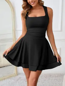 Women's Square Neck Sleeveless Ruffle Hem Mini Dress, Waist Cinched Short Party Dress, Elegant Women's Fashion, Stylish and Chic