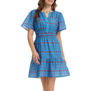 Ladyful Women's Short Sleeve Gingham Mini Dress 2026 Summer V Neck Elastic Waist Plaid Vacation A-Line Sundress