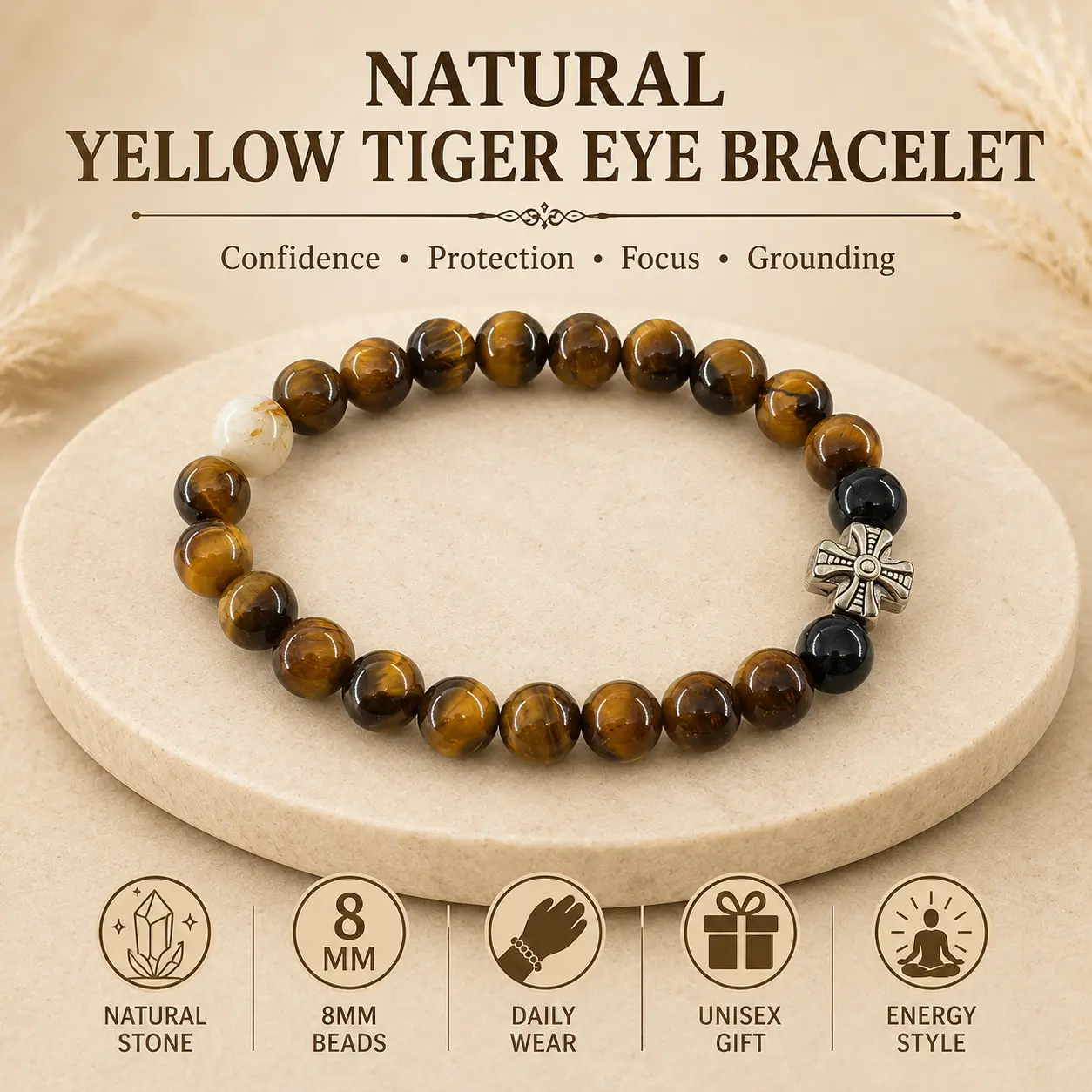 Tiger Eye Beaded Bracelet, 8mm Golden Brown Natural Stone Crystal for Protection, Confidence & Focus - Unisex Gift Idea, 8Mm Beads, Daily Wear, Multicolored, Protection Boost, Tiger Eye Bead Bracelets & Bangles