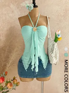 1Pc Summer Halter Strapless Tube Top, Sexy Fairy Ruffle Irregular Flowy Sash Slim Waist Bodycon Camisole, Western Hot Girl Beach Vacation Date Outfit, Stretchy Slim Fit Versatile Basic Short Bustier Crop Top