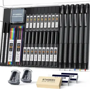 STAGEEK 35Pcs Art Mechanical Pencil Set with Case 0.5 0.7 0.9 2.0 Graphite Metal Drawing Drafting Pencils Sharpener Erasers 384PCS Lead Refills for Writing Sketching Silver&Black for Students Stationary