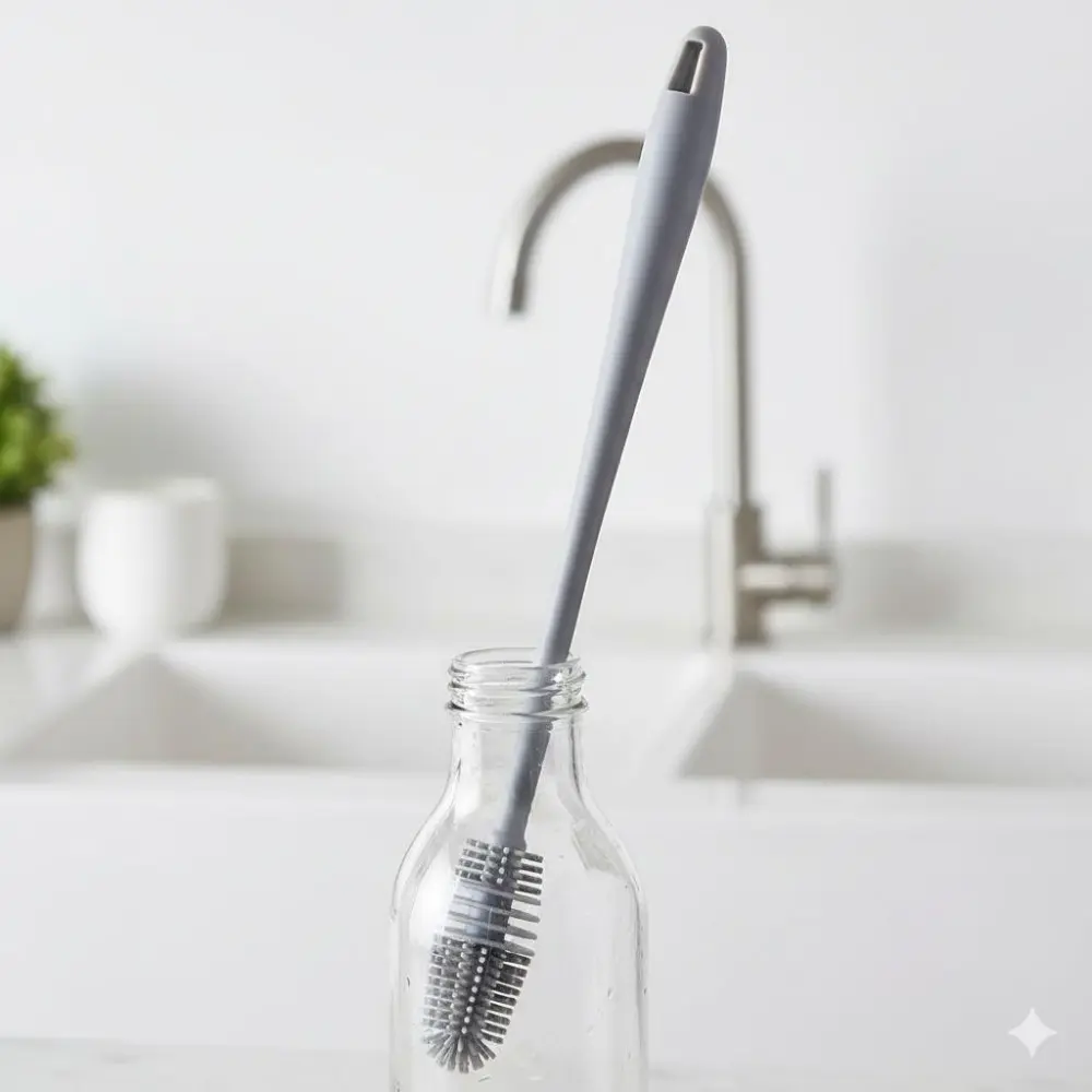 Deep Glass Cleaner Brush with Flexible Heat-Resistant Long Handle - Angled & Thin Bristles for Narrow Bottles, Wine Glasses, Hard-to-Reach Spots. Anti-Mold Design, Easy to Clean, No Residue. Perfect for Kitchen & Barware.