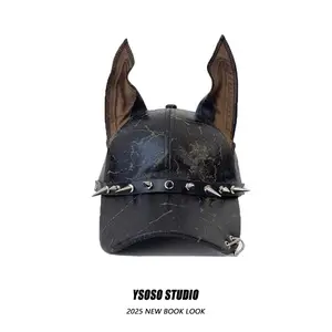 American Doberman Ear Baseball Cap, Unisex Y2K Leather Punk Rivet Spice Girl Peaked Cap, Niche Trendy Hat