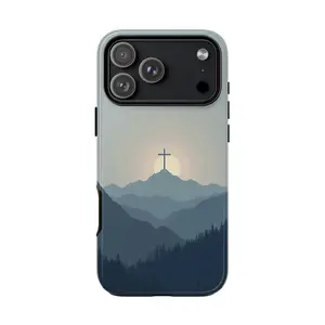 Christian Cross Mountain Sunrise Minimalist Glossy Tough Phone Case for iPhone 7–17 Pro Max – Faith Landscape Cross Design Protective iPhone Case