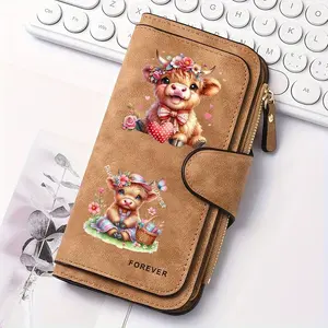 1pc Highland cow sunflower pattern women's long wallet, vertical folding wallet, multi-functional wallet, Trifold wallets, portable snap coin purse, birthday gift and daily commuting essential, suitable for outdoor, travel and family use, 2.27CYJ-1