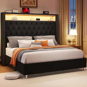 Queen/King Size Velvet Upholstered Platform Bed With Wingback Design, Integrated LED Lights, Charging Station, And Under-Bed Motion Sensor Lighting – No Box Spring Required, Built-In Storage, Black, Bed Frame, Queen Bed Frame