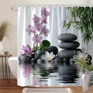 A Tranquil Zen-Style Shower Curtain, Featuring Black Stones And Elegant White Orchids, Green Leaves On A Bright White Background, Machine Washable, Modern Bathroom Decoration, Bathroom Privacy, Zen Garden Design, Stylish Bathroom Accessories