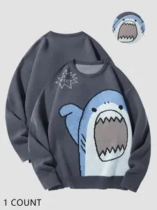 Men's Cartoon Shark Print Round Neck Sweatshirt, Casual Fitted Sweatshirt, Regular Fit Casual Fashion Long Sleeve Pullover for Fall & Winter, Men's Clothes for Daily Wear