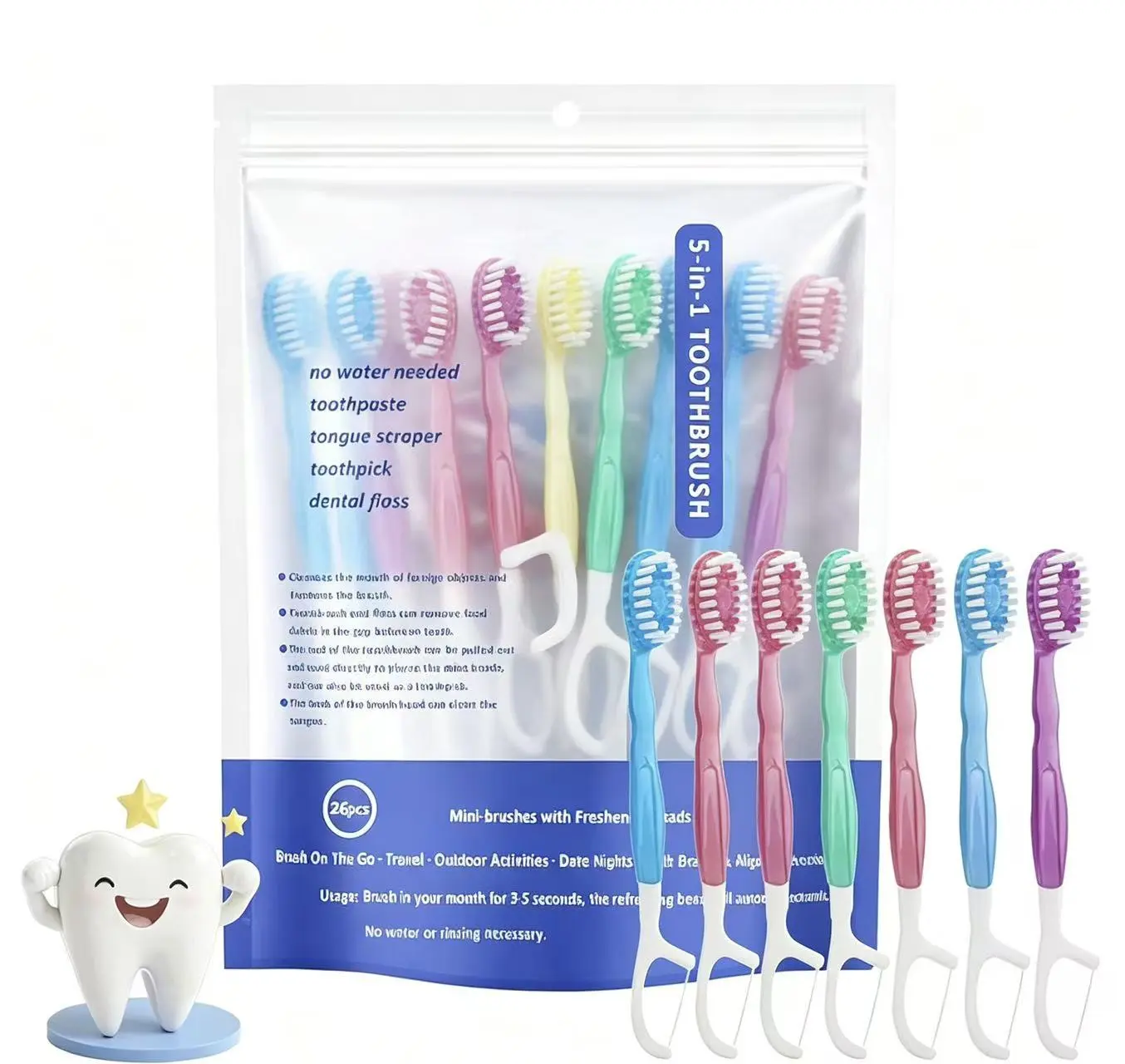Multi 5-in-1 soft bristle toothbrush set, 26 pieces; integrated floss, tongue scraper, toothpick; disposable oral care kit for travel and business trips; oral hygiene #GLOBAL PICKS