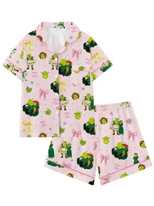 Girls' Shrek Movie Cute Bow Button Short Sleeve Pajama Set, Comfortable All-Season Cartoon Print Sleepwear, Fiona Princess Gift