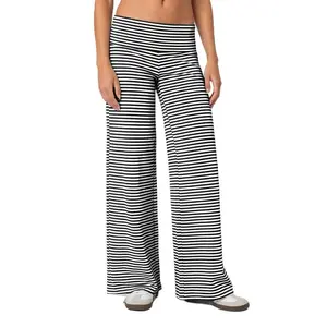 Wide Leg Striped Pants for Women Low Rise Fold Waistband Sweatpants Yoga Lounge Trousers Y2k Pajama Pants