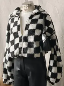 Ladies' casual woolen plaid Loose Fit jacket warm top classic plaid versatile daily outerwear