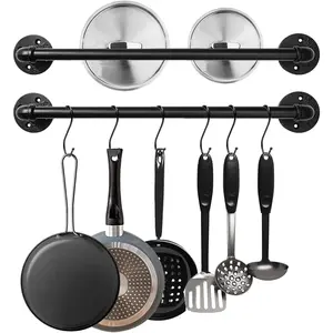 Industrial Pipe Pot Pan Rack 21" (2 Pack), Wall mount Pot hangers Pan Hanging Rail Lid Hanger for kitchen with 10 S Hooks