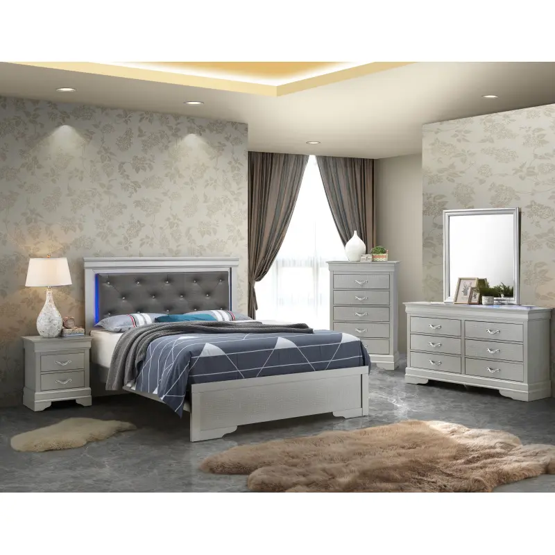 Lorana G6500C-QB3 Queen Bed Frame - Silver Champagne Tufted Upholstered Bed with Headboard, LED Indoor Furniture for Bedroom Decor, Bed Frames For Queen