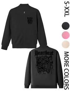Women's American Street Style Hoodless Bomber Jacket with "Heartbeat" Print, Lightweight Zip-Up Jacket, American Street Style Print Design, Suitable for All Seasons, Casual & Street Style
