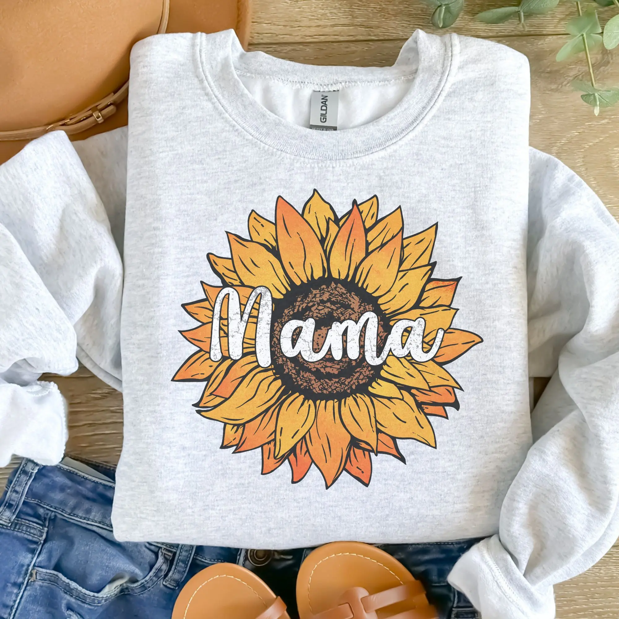 Mama Sunflower Sweatshirt - Ash Grey, Soft Sublimated Design, Comfy Cotton Fabric, Casual Everyday Fit Aesthetic Jersey Unisex Tops