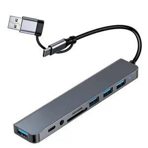 USB-C USB-A Hub 8-in-1 Flexible Converter with 4 USB-A 3.0 Data Ports Type-C Port 3.5 Audio Jack TF Port SD Card Reader for Modern Devices
