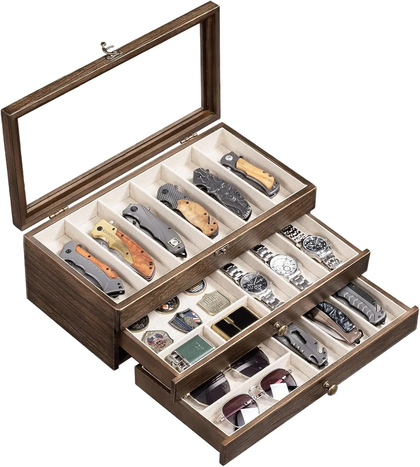 Knives Display Box, 3-Layer Pocket Knives Box Display & Storage Knives, Solid Wood Knives Box for Collections, Gift for Boyfriend Fathers Day Birthday Gifts (Vintage)