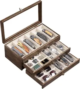 Knives Display Box, 3-Layer Pocket Knives Box Display & Storage Knives, Solid Wood Knives Box for Collections, Gift for Boyfriend Fathers Day Birthday Gifts (Vintage)